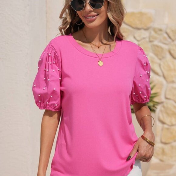 Ribbed Pearl Beaded Puff Sleeve Top - Picture 3 of 3